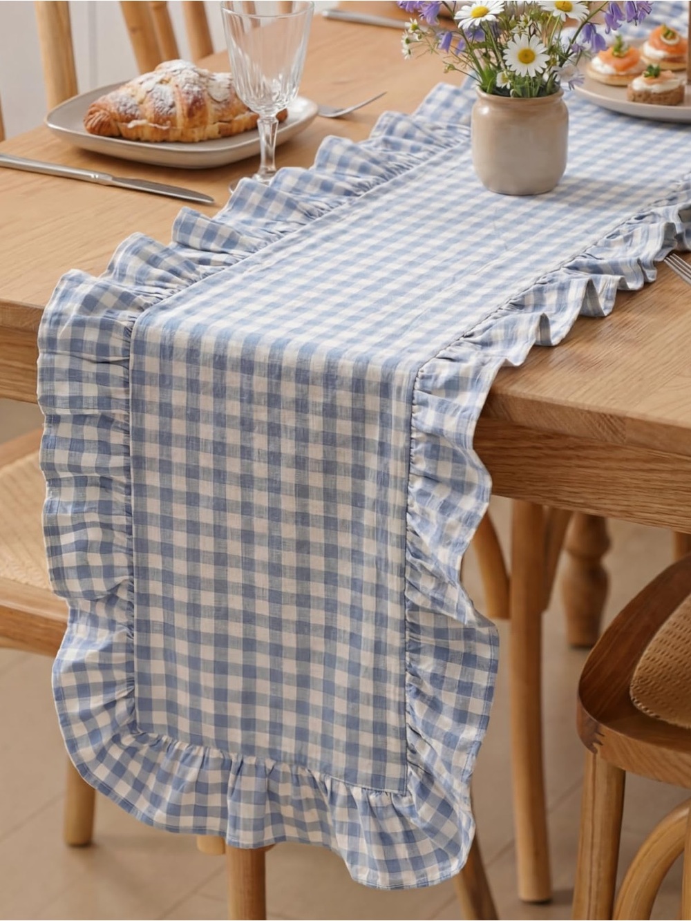 Blue Gingham Ruffled Table Runner - Home Dining